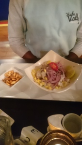 This traditional Peruvian dish is a delicious blent of fresh pieces of fish fillet marinated in squeezed lemon and lime juice, red onion, coriander and a touch of fresh Peruvian chilli “Aji Limo”. Served with sweet potatoes, sweetcorn and dried Peruvian corn. 